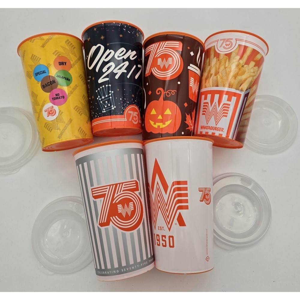 Whataburger 75th Anniversary Cup Set Of 6 With Lids New